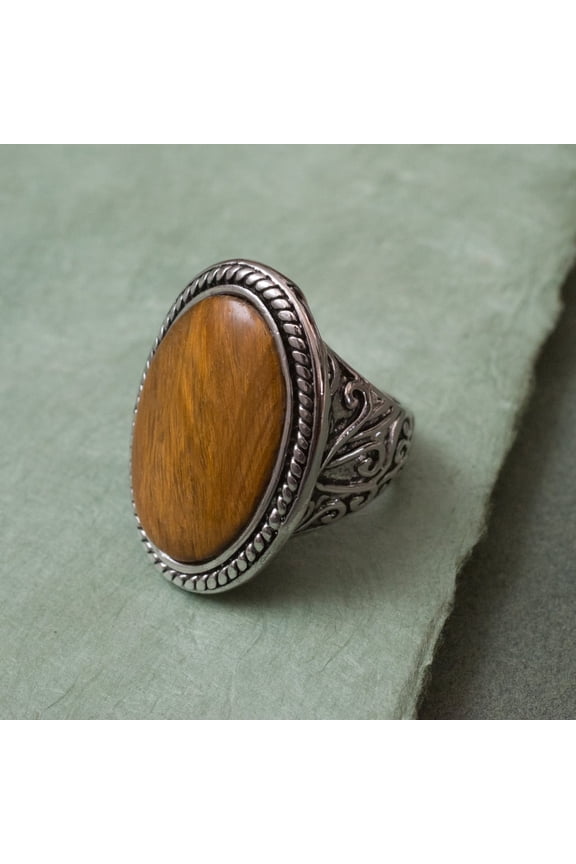 Vintage Style Oval Tiger Eye Statement Ring with Ornate Band, Size 10 Jewelry Ring Silver