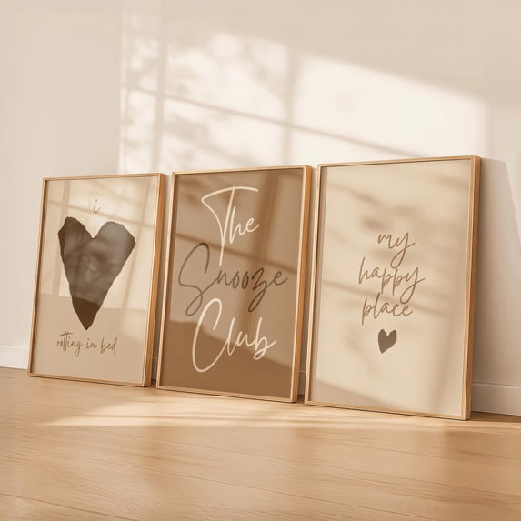 Mocha Snooze Club Cozy Bedroom Brown Beige Neutral Wall Art Set 3 Stretched Canvas 12x18