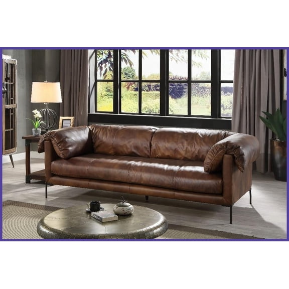 Mocha Top Grain Leather 3-Seater Sofa - Modern Living Room Furniture with Plush Foam Cushions