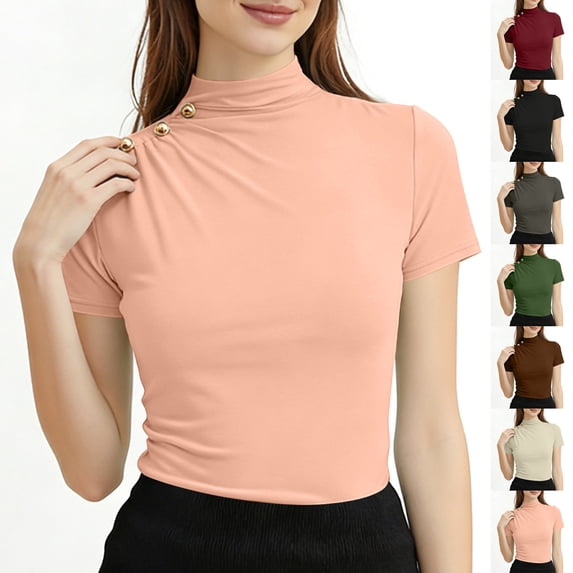 Mock Neck Crop Tops for Women Side Ruched Short Sleeve Cropped Shirt Fitted Summer T-Shirt, Pinks M