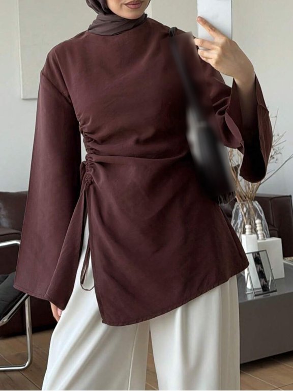 Mock Neck Flare Sleeve Top for Women Side Drawstring Waist Cinching Hem Slit Tunic Office Blouse