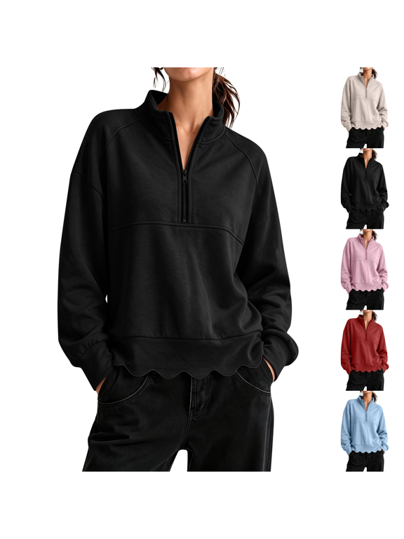 Mock Neck Half Zip Sweater for Women Fleece Scalloped Quarter Zip Pullover Long Sleeve Casual Layering Fall Winter Clothes