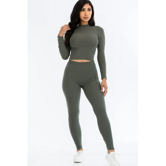 Mock Neck Long Sleeve Top and Leggings Ensemble in Ribbed Fabric