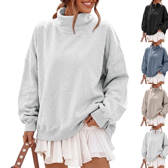 Mock Neck Loose Sweatshirt for Women Drop Shoulder Puff Sleeve Oversized Pullover Soft Knit Versatile Daily Athleisure Outer Top Light Gray S