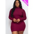 thumbnail image 1 of Mock Neck Mini Bodycon Dress with Long Sleeves in Plus Size Ribbed Fabric, 1 of 8