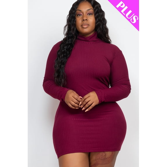 Mock Neck Mini Bodycon Dress with Long Sleeves in Plus Size Ribbed Fabric