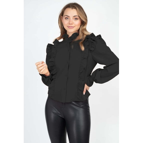 Mock Neck Ruffled Buttoned Top - S