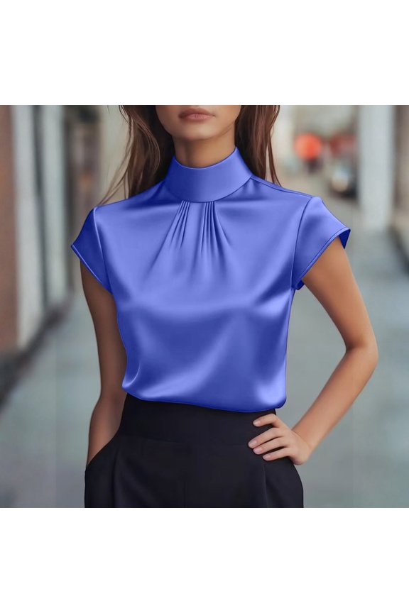 Mock Neck Satin Tops for Women Cap Sleeve Pleated Elegant Dressy Business Work Office Spring Summer Blouses 2026 Purple L
