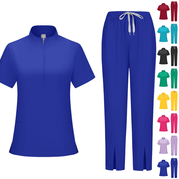 Mock Neck Scrubs Sets Women Jogger Medical Nurse Uniforms Stretch Petite Yoga Polyester Short Sleeve Scrub Shirt Wide Leg Uncuffed Scrub Pant Dark Blue 2XL