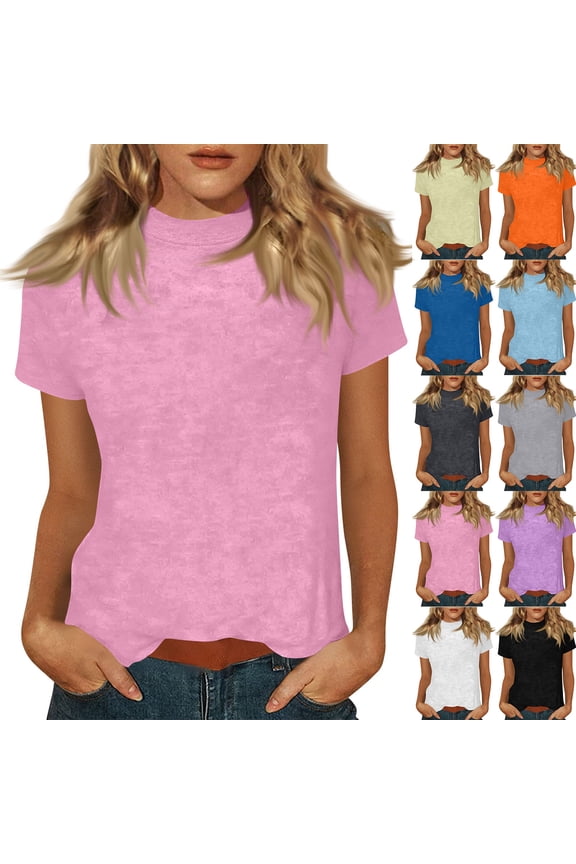 Mock Neck Short Sleeve Tops for Women Slim Fit Basic Cute Summer Dressy Casual T-Shirt Work Blouse 2026 Orange 3XL
