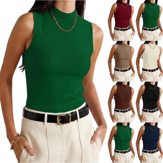 Mock Neck Sleeveless Tank Top for Women 2026 Casual Solid Color Slim Fit Vest Comfy Summer Tops Green S