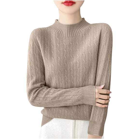 Mock Neck Sweater Women Plus Size Wool Long Sleeve Pullover Knitted Tops Fall Casual Loose Solid Color Shirts (Brown L)