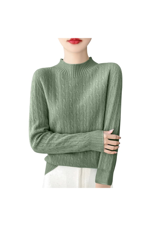 Mock Neck Sweater Women Plus Size Wool Long Sleeve Pullover Knitted Tops Fall Casual Loose Solid Color Shirts (Green XL)
