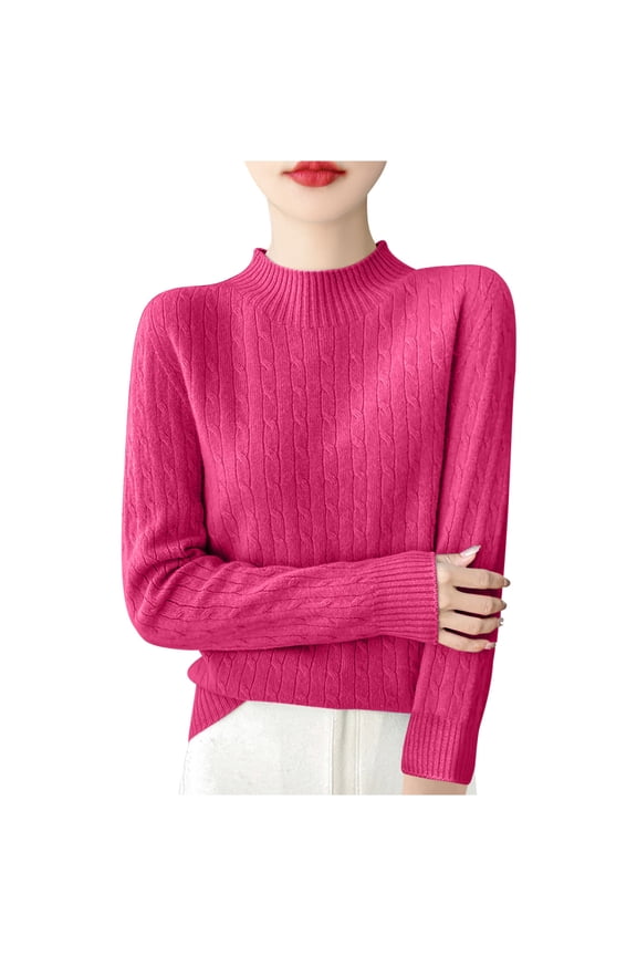 Mock Neck Sweater Women Plus Size Wool Long Sleeve Pullover Knitted Tops Fall Casual Loose Solid Color Shirts (Hot Pink XL)