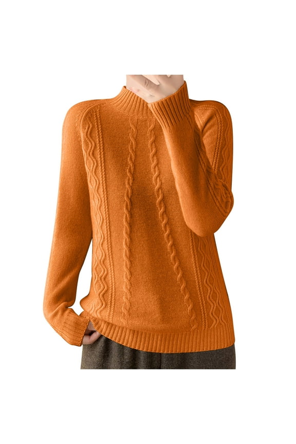 Mock Neck Sweater for Women Loose Long Sleeve Cable Knit Pullover Top Casual Loose Pullover Knitted Sweatshirt (Orange XL)