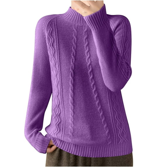 Mock Neck Sweater for Women Loose Long Sleeve Cable Knit Pullover Top Casual Loose Pullover Knitted Sweatshirt (Purple S)