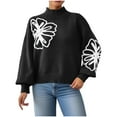 thumbnail image 1 of Mock Neck Sweaters for Women Colorblock Batwing Sleeve Outfit Fall Winter Floral Pullover Tops Black XL, 1 of 7