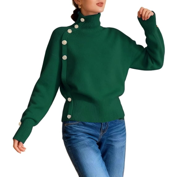 Mock Neck Sweaters for Women, Fall Winter Long Sleeve Knit Pullover, Metal Button Lightweight Cozy Wear 2026 Green S