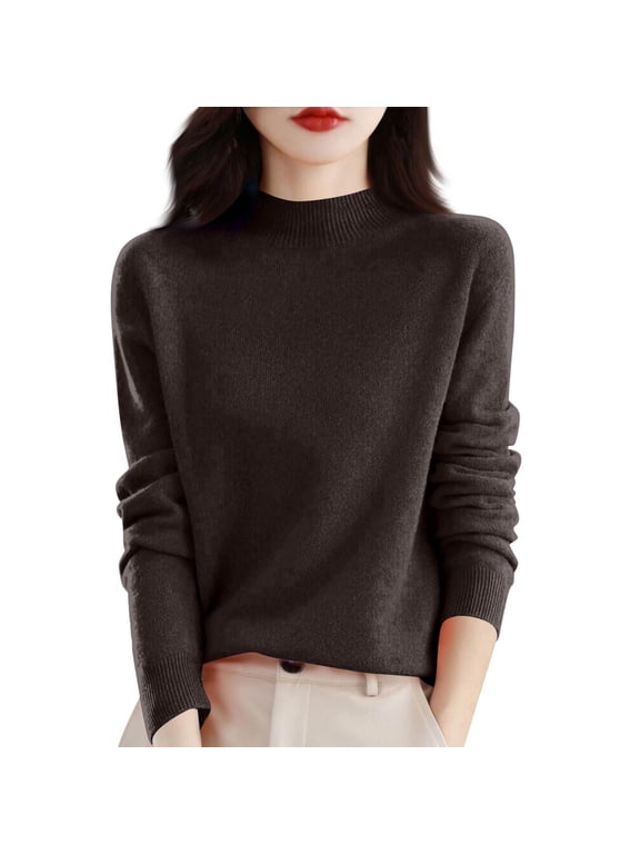 Mock Neck Sweaters for Women Knit Warm Sweater Long Sleeve Tops Casual Soft Lightweight Shirts Brown M