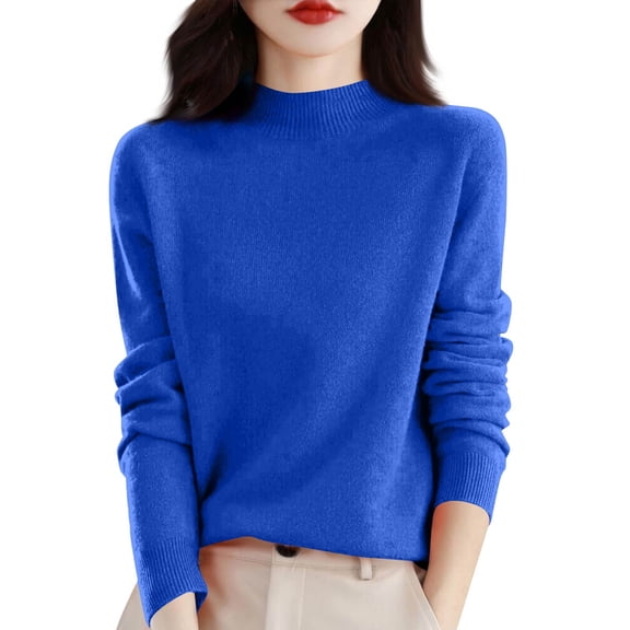 Mock Neck Sweaters for Women Knit Warm Sweater Long Sleeve Tops Casual Soft Lightweight Shirts Dark Blue M