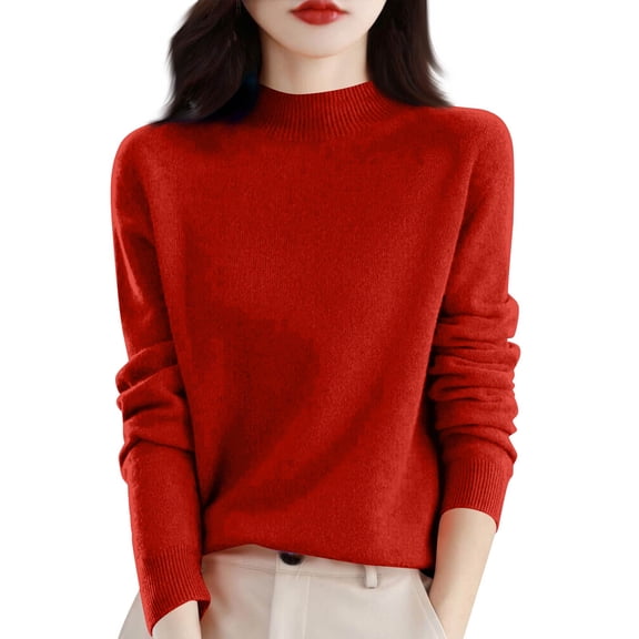 Mock Neck Sweaters for Women Knit Warm Sweater Long Sleeve Tops Casual Soft Lightweight Shirts Red M