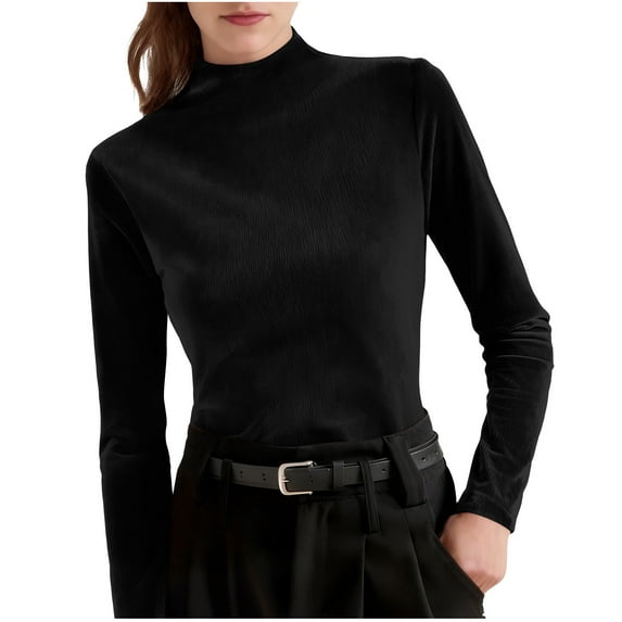 Mock Neck Sweaters for Women Soft Velvet Knitted Base Pullover Tops Long Sleeve Solid Color Casual Blouses (2XL, Black)