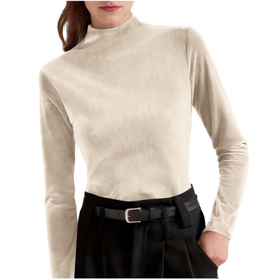 Mock Neck Sweaters for Women Soft Velvet Knitted Base Pullover Tops Long Sleeve Solid Color Casual Blouses (L, Beige)