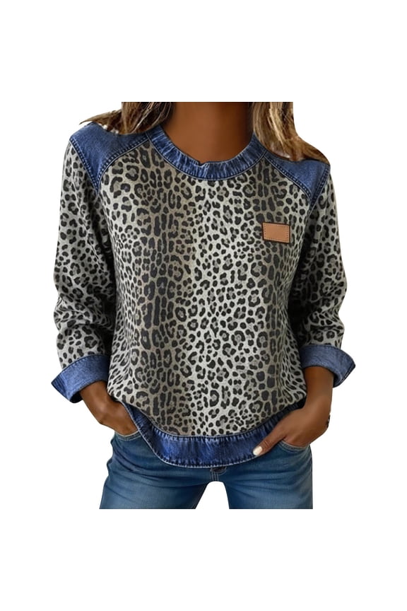 Mock Neck Sweatshirt Leopard Print Spliced Denim Round Neck Loose Oversized Sweater Gray S