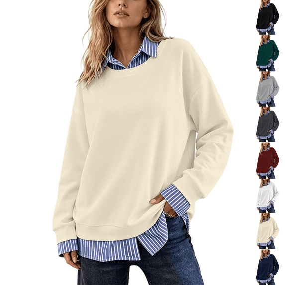 Mock Neck Sweatshirt Nelozsy Women's Fake Two Piece Striped Sweatshirt Long Sleeve Fall For 2026 Beige L