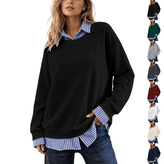 Mock Neck Sweatshirt Nelozsy Women's Fake Two Piece Striped Sweatshirt Long Sleeve Fall For 2026 Black XXL
