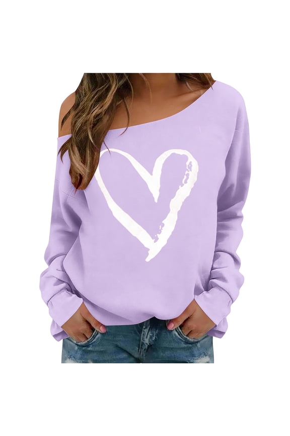 Mock Neck Sweatshirt Off Shoulder Love Heart Print Crewneck Long Sleeve Oversized Sweater Purple M