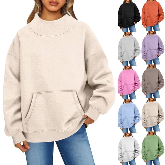 Mock Neck Sweatshirt Women 2026 Fall Fashion Oversized Turtleneck Pullover Fleece Long Sleeve Sweatshirts Tops Beige L