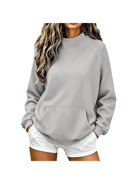 Mock Neck Sweatshirt for Women Baggy Sweatshirt Turtleneck Long Sleeve Tops Roll Neck Sweater Womens Sweatshirts No Hood Oversized Pullover Womens Clothes Gray S