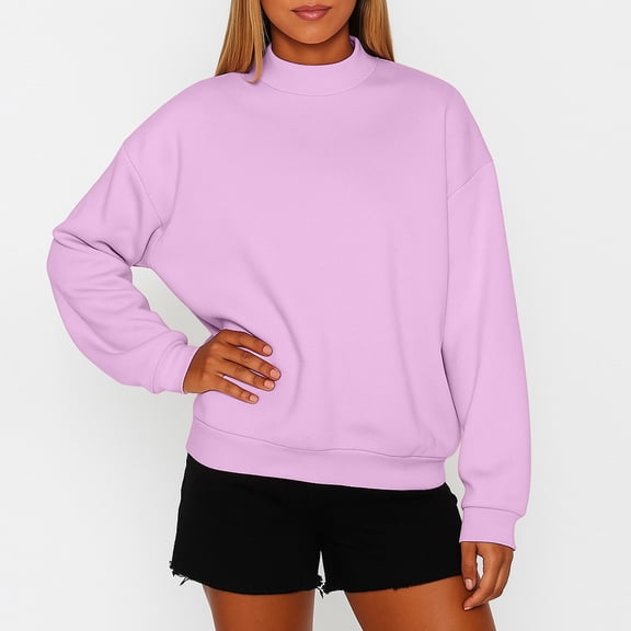 Mock Neck Sweatshirt Women Cute Plain Pullover Sweatshirts No Hood Casual Fall Long Sleeve Turtleneck Tops Light Purple 2XL