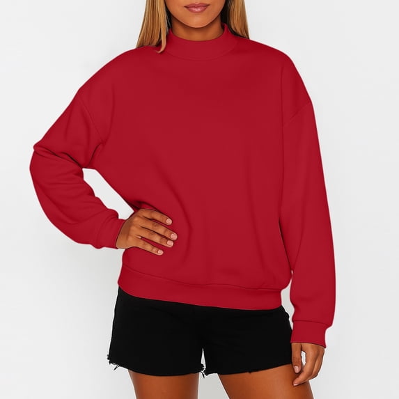 Mock Neck Sweatshirt Women Cute Plain Pullover Sweatshirts No Hood Casual Fall Long Sleeve Turtleneck Tops Red XL