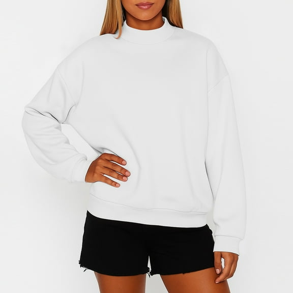 Mock Neck Sweatshirt Women Cute Plain Pullover Sweatshirts No Hood Casual Fall Long Sleeve Turtleneck Tops White M