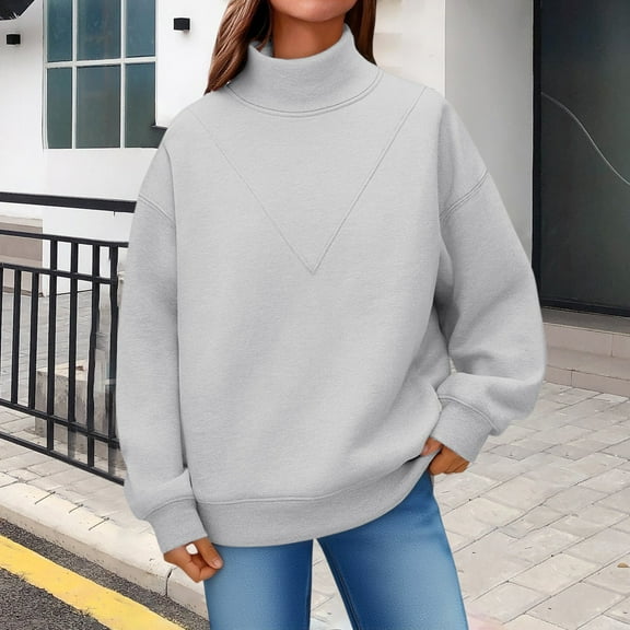 Mock Neck Sweatshirt Women Drop Shoulder Hoodies Tops Long Sleeve Hoodies Turtleneck Pullover Womens Oversized Sweatshirts No Hood Casual Tops Mockneck Cozy Tunic Fleece Pullover Light Ashy XL