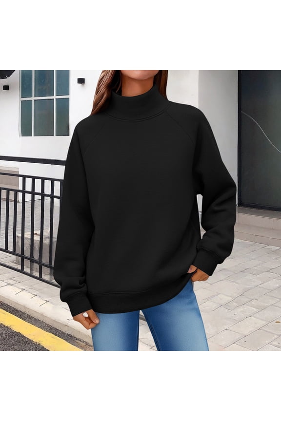 Mock Neck Sweatshirt Women Drop Shoulder Hoodies Tops Pullover Tops Sweatshirts Tunic Long Sleeve Hoodies Turtleneck Sweatshirt Plus Size Pullover Tops Womens Oversized Sweatshirts Black L