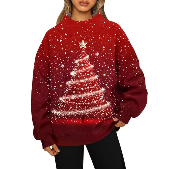 Mock Neck Sweatshirt Women Fall Comfort Oversized Sweatshirt Dressy Pullover Sweatshirts No Hood Cozy Turtleneck Tops with Christmas Print