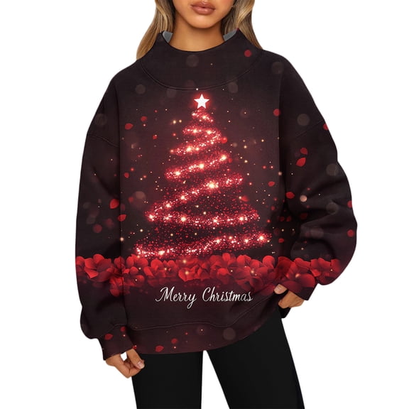Mock Neck Sweatshirt Women Fall Comfort Oversized Sweatshirt Dressy Pullover Sweatshirts No Hood Cozy Turtleneck Tops with Christmas Print