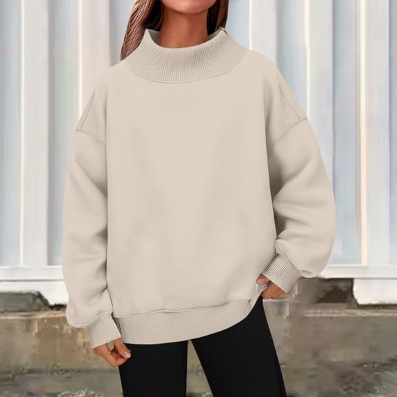 Mock Neck Sweatshirt Women Long Sleeve Hoodies Womens Oversized Sweatshirts Warm Plain Tops Sweatshirts Tunic Cozy Soft Pullover Drop Shoulder Hoodies Tops Turtleneck Pullover Beige XL