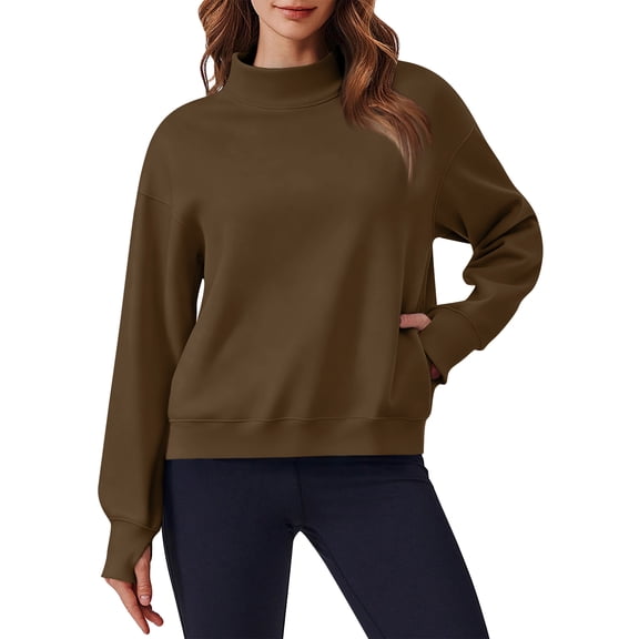 Mock Neck Sweatshirt Women - Mockneck Tunic Sweatshirt No Hood Long Sleeve Fleece Oversized Pullover Tops Sweater Coffee L