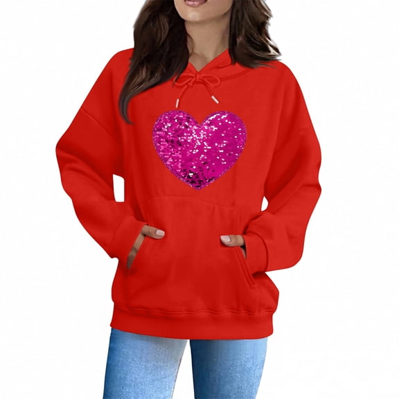Women's Valentine Sweatshirts Love Heart Hooded Valentines the Day Shirts Long Sleeve Casual Comfy Blouse Vermilion S