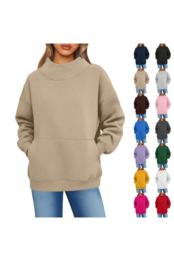 Mock Neck Sweatshirt Women No Hood Turtleneck Tops Casual Oversized Y2K Long Sleeve Pullover Sweatshirts With Pockets Purple L