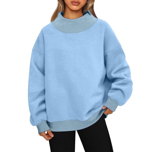 Mock Neck Sweatshirt Women Oversized Pullover Sweatshirts No Hood Plain Long Sleeve Turtleneck Tops Fall Winter Clothes Sky Blue S