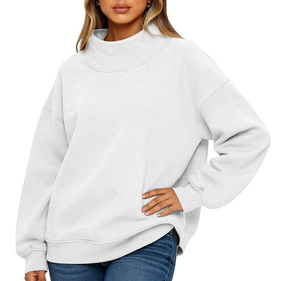 Mock Neck Sweatshirt Women Oversized Pullover Sweatshirts No Hood Plain Long Sleeve Turtleneck Tops Fall Winter Clothes White L