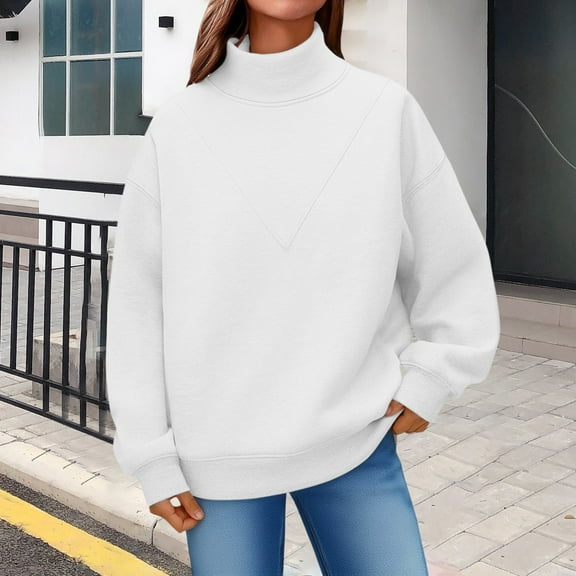 Mock Neck Sweatshirt Women Pullover Tops Plus Size Pullover Tops Turtleneck Sweatshirt Turtleneck Pullover Mockneck Cozy Tunic Sweatshirts Tunic Drop Shoulder Hoodies Tops Fleece Pullover White M