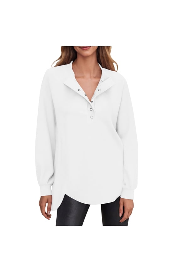 Mock Neck Sweatshirt Women Snap Button Pullover Solid Color Winter Travel Casual Long Sleeve Tunic Tops