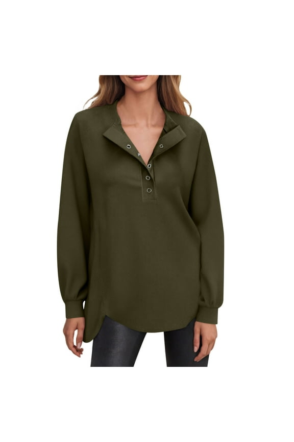 Tunic Sweatshirt Women Snap Front Mock Neck Pullover Tops Fall Winter Warm Soft Solid Color Long Sleeve Shirt