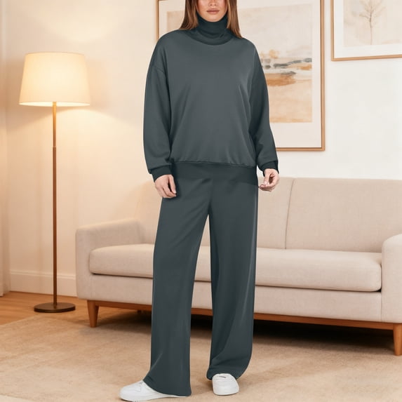 Neck Sweatshirt Women Turtleneck Pullover Long Sleeve Tops & Pants Set (Grey S)